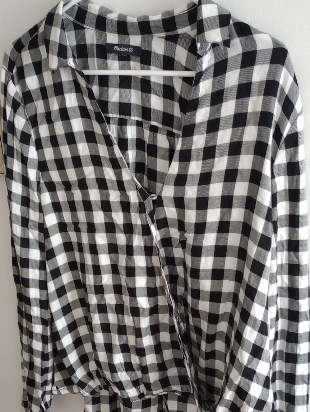 Madewell Black and White Buffalo Check Faux Wrap Top